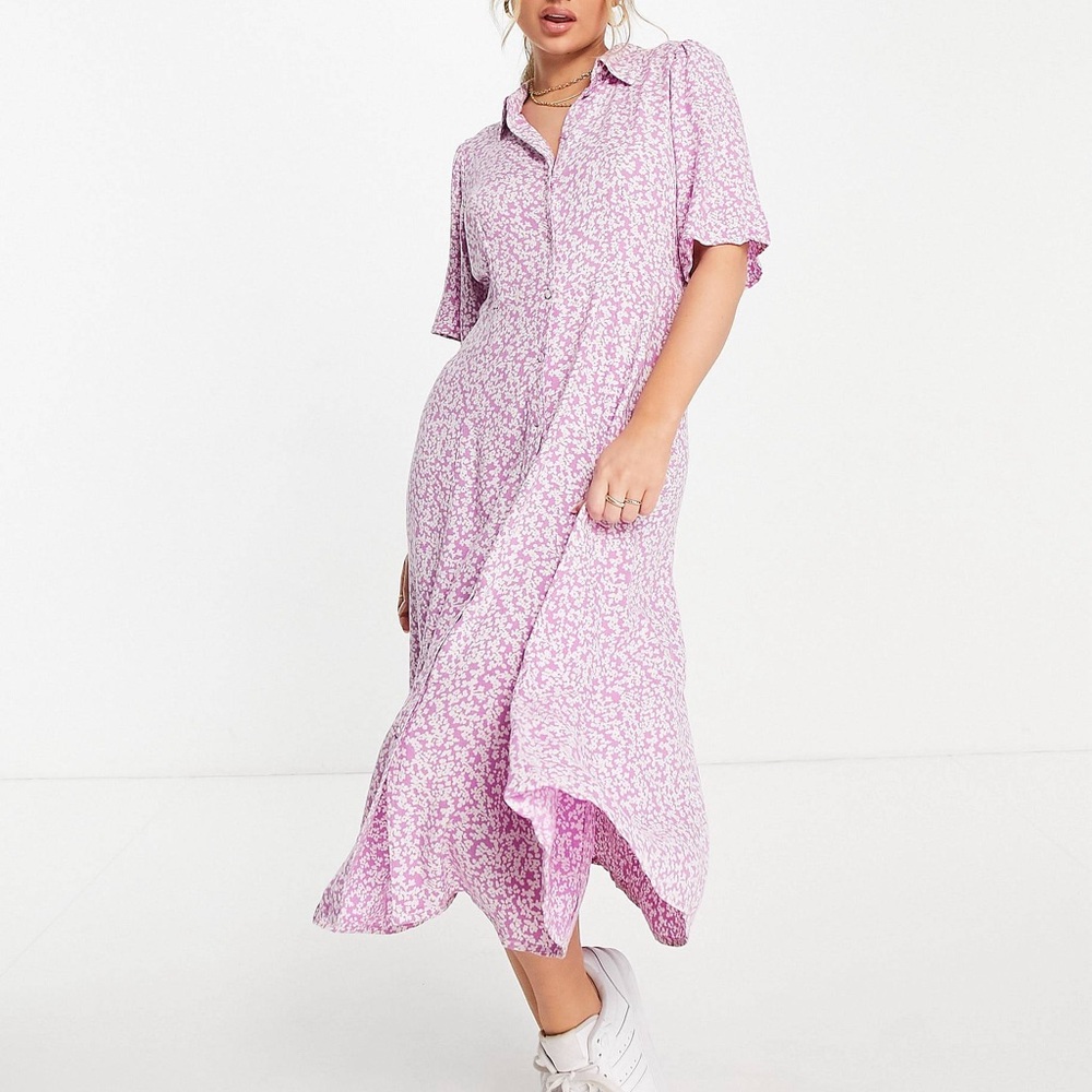 Yas Stelli Flutter-Sleeve Floral Midi Shirtdress Pink White Relaxed Circle S